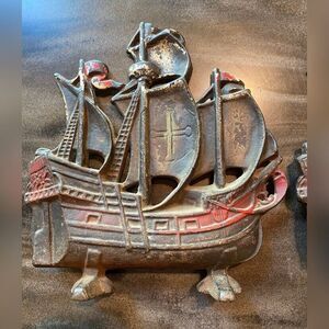 Vintage Antique Door Stops Book Ends Cast Iron Clipper Ships Cross Old Paint 9"
